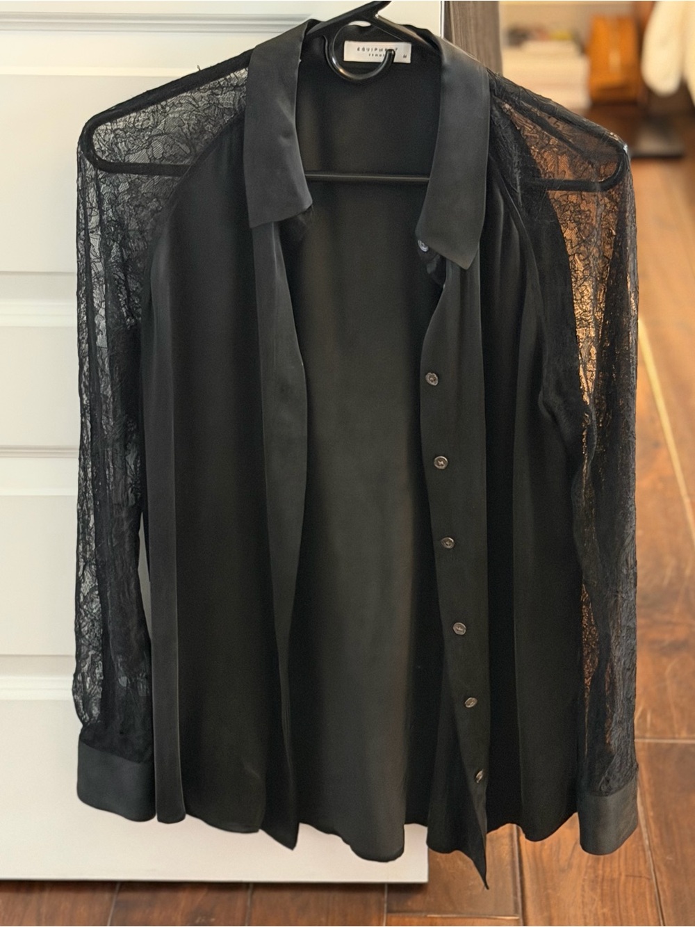 Equipment Femme Silk Black Lace-Sleeve Button Shirt Jacket